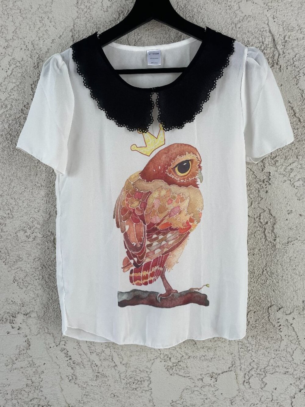 Anna-Kaci White Owl Crown Lace Collar Blouse Short Sleeve Dark Academia S